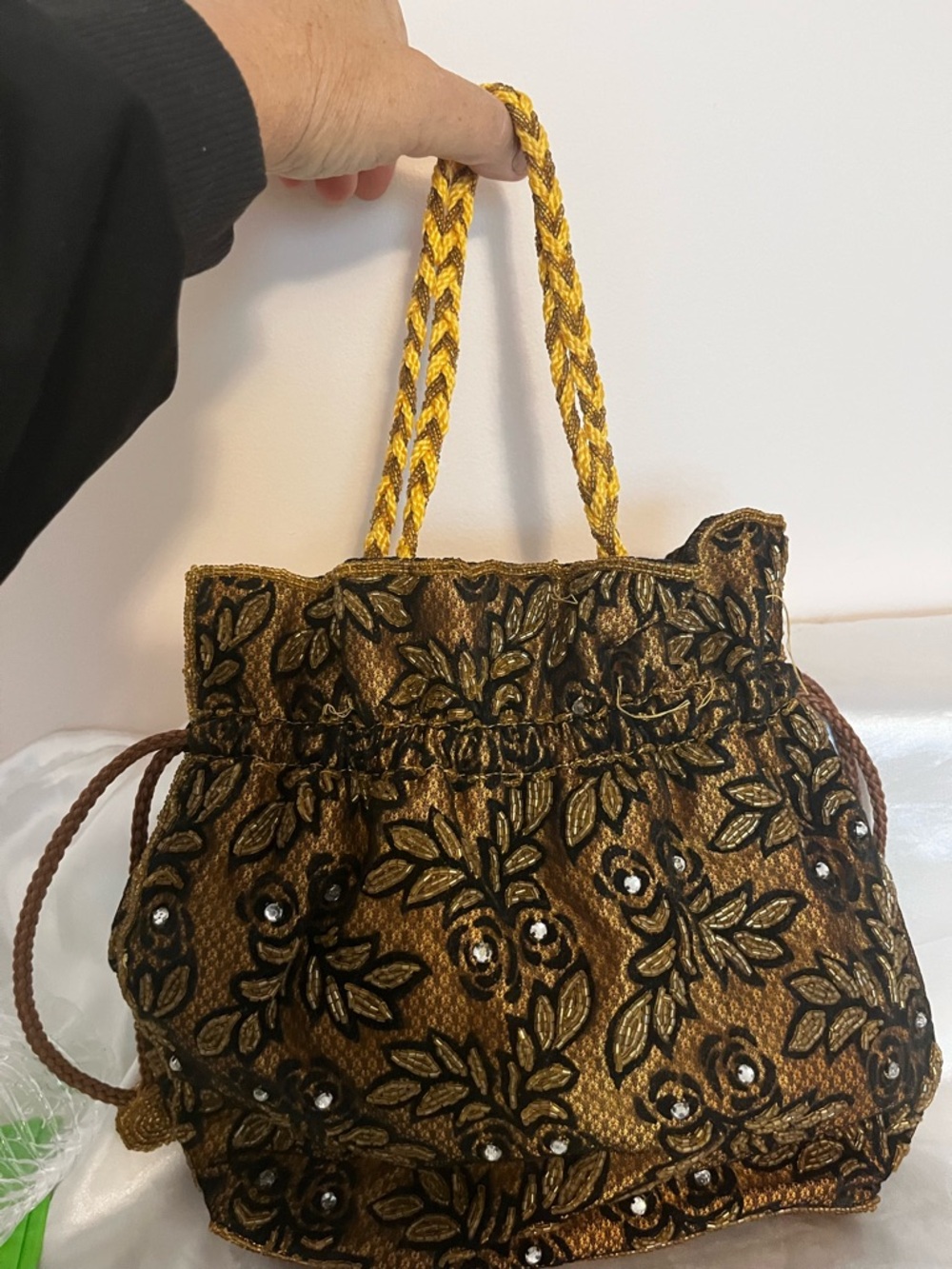 Embroidered Brown Drawstring Mini Bag with Bead Accents